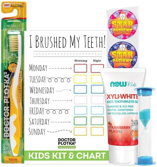 Main image of Childrens Dental Care Kit: Toothbrush for Kids, 3 oz Strawberry Fluoride Free Toothpaste, Dry Erase Checkboard, Timer, Stickers, Manual Flossing Toothbrushes Gift Set, by Dr. Plotka's
