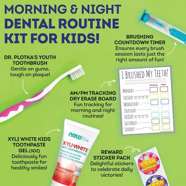 Alt view image 2 of 6 - Childrens Dental Care Kit: Toothbrush for Kids, 3 oz Strawberry Fluoride Free Toothpaste, Dry Erase Checkboard, Timer, Stickers, Manual Flossing Toothbrushes Gift Set, by Dr. Plotka's