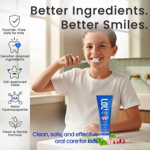 Alt view image 5 of 7 - LOL Fluoride Free Toothpaste Kids, Nano Hydroxyapatite Toothpaste Kids with Probiotics & Xylitol, Remineralizing Toothpaste, Natural Plant-Based Foam, Peppermint Flavor
