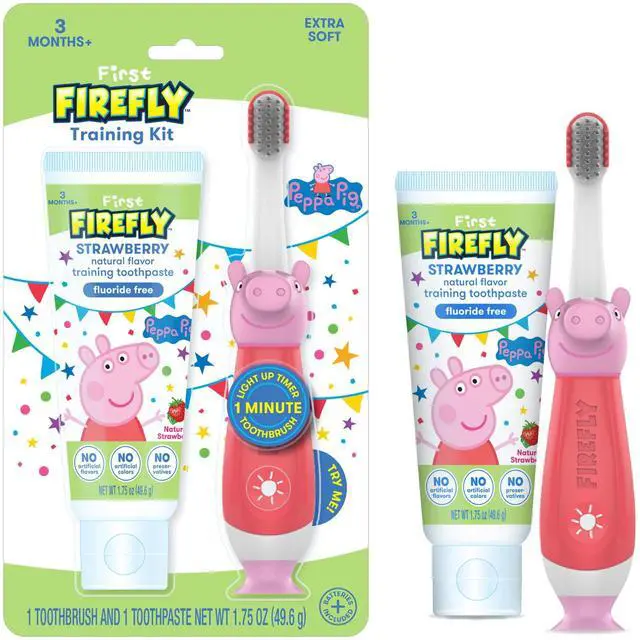 Main image of First Peppa Pig Training Kit, Light Up Toothbrush with Extra Soft Bristles and Natural Strawberry Flavor Training Toothpaste, 1.75 oz