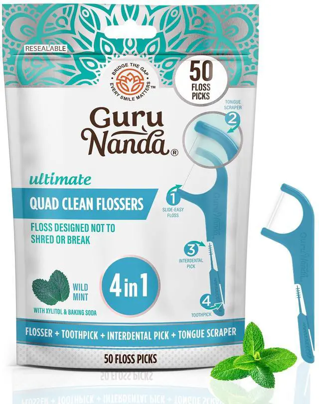 Main image of Quad Clean Floss Picks 4-in-1 with Tongue Scraper, Interdental Pik & Toothpick, Non-Shred Dyneema Thread, with Xylitol & Baking Soda, 50ct