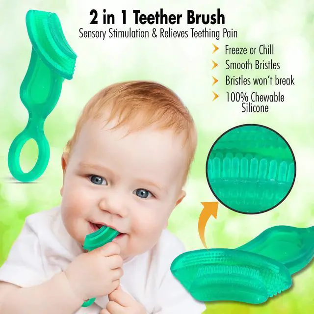 Alt view image 5 of 7 - Oral Care Babys First Toothbrush, Smooth Silicone Bristles Gently Clean Tender Teeth and Gums, for Ages 4+ Months, Clear, 2 Pack