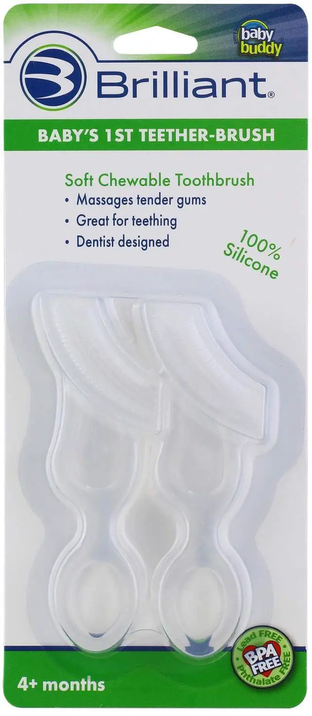Main image of Oral Care Babys First Toothbrush, Smooth Silicone Bristles Gently Clean Tender Teeth and Gums, for Ages 4+ Months, Clear, 2 Pack
