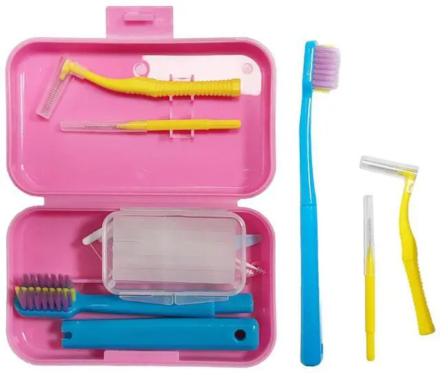 Main image of 6-in-1 Orthodontic Oral Care Kit with Case Detachable Toothbrush, Interdental Brush, Dental Floss Pick, Toothpick Brush, Dental Wax with Cutter, Elastic Hook Set for Braces Daily Travel Use (Pink)