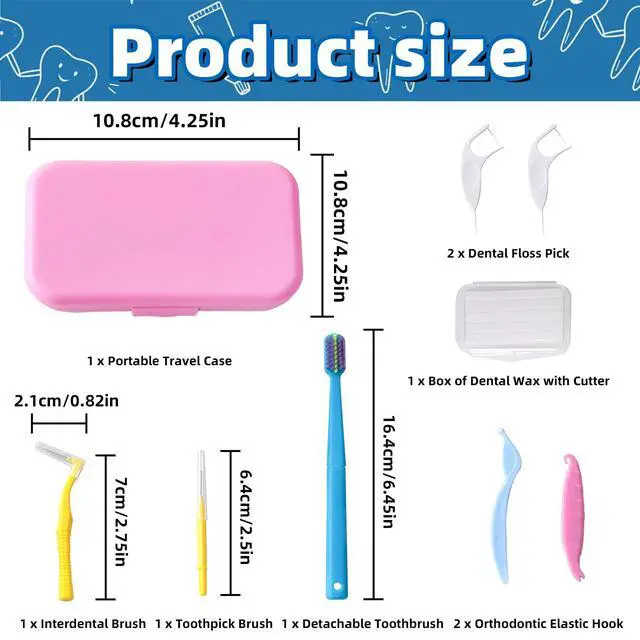 Alt view image 2 of 7 - 6-in-1 Orthodontic Oral Care Kit with Case Detachable Toothbrush, Interdental Brush, Dental Floss Pick, Toothpick Brush, Dental Wax with Cutter, Elastic Hook Set for Braces Daily Travel Use (Pink)