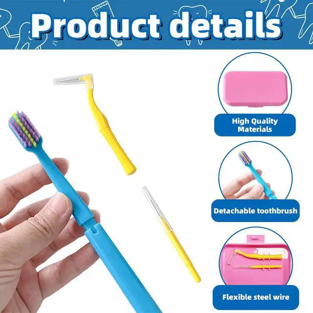 Alt view image 3 of 7 - 6-in-1 Orthodontic Oral Care Kit with Case Detachable Toothbrush, Interdental Brush, Dental Floss Pick, Toothpick Brush, Dental Wax with Cutter, Elastic Hook Set for Braces Daily Travel Use (Pink)