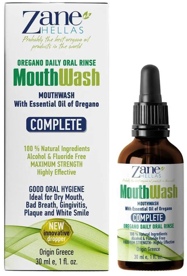 Main image of MouthWash. Oral Rinse with Oregano Oil Power. Ideal for Gingivitis, Plaque, Dry Mouth, and Bad Breath. Alcohol and Fluoride Free. 100% Herbal Solution. 1 fl.oz.-30ml.