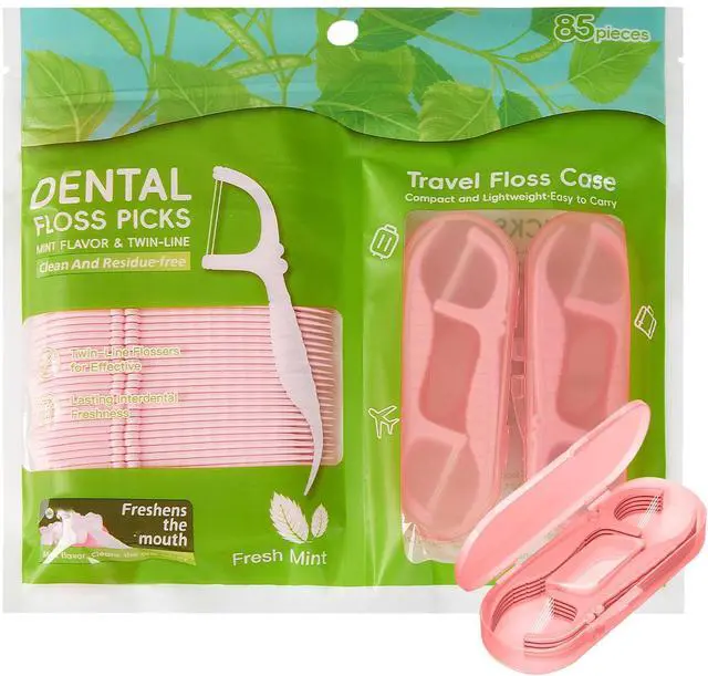 Main image of Pink Dental Floss Picks Twin Line, Travel Size Toothpicks Floss Sticks Kit 85 Count with 2 Portable Flossers Case On-The-Go Oral Care