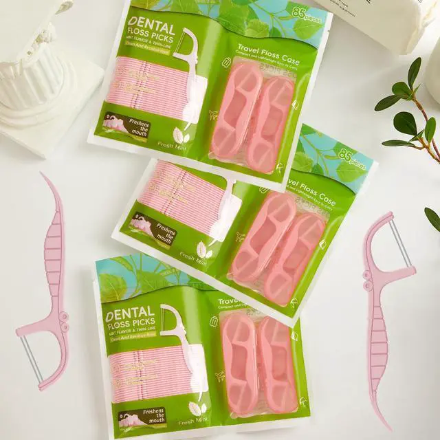 Alt view image 2 of 7 - Pink Dental Floss Picks Twin Line, Travel Size Toothpicks Floss Sticks Kit 85 Count with 2 Portable Flossers Case On-The-Go Oral Care