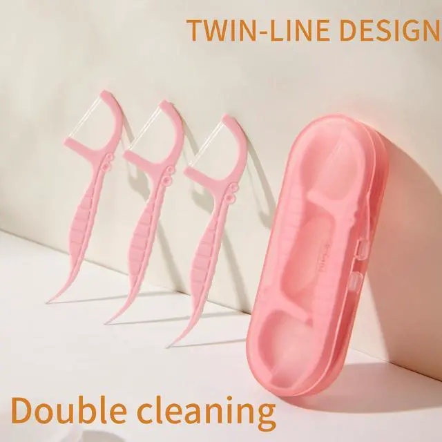 Alt view image 5 of 7 - Pink Dental Floss Picks Twin Line, Travel Size Toothpicks Floss Sticks Kit 85 Count with 2 Portable Flossers Case On-The-Go Oral Care