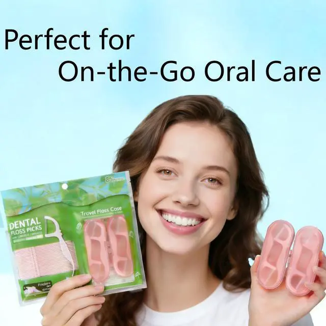 Alt view image 7 of 7 - Pink Dental Floss Picks Twin Line, Travel Size Toothpicks Floss Sticks Kit 85 Count with 2 Portable Flossers Case On-The-Go Oral Care