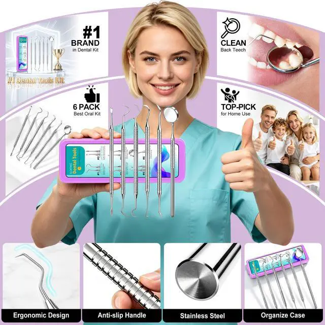Alt view image 2 of 7 - Dental Tools, Dental Pick for Teeth Cleaning, Stainless Steel Hygiene Kit with Tooth Scraper Plaque Tartar Remover - with Case