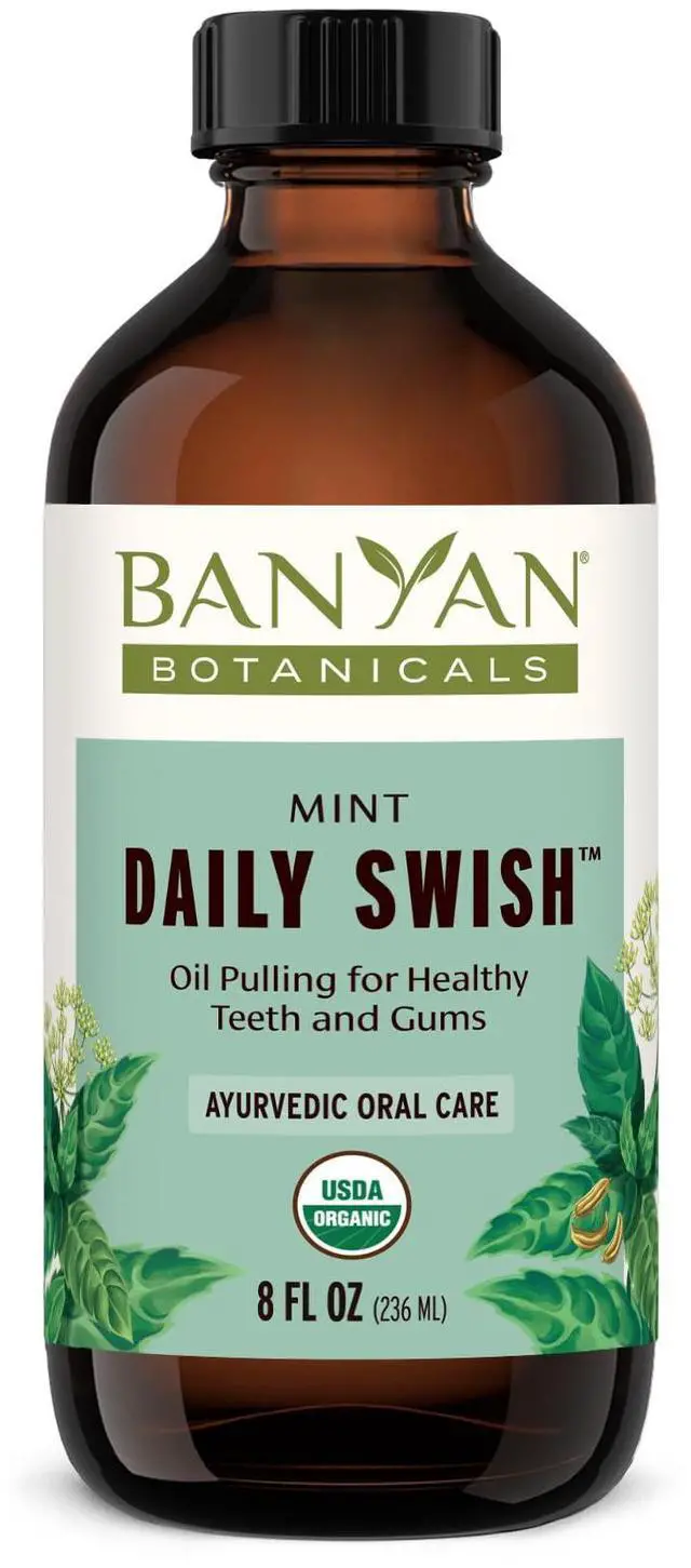 Main image of Organic Mint Daily Swish Ayurvedic Oil Pulling Mouthwash Coconut & Sesame Oil with Triphala for Gum Health & Fresh Breath Natural Oral Hygiene 8 oz USDA Organic