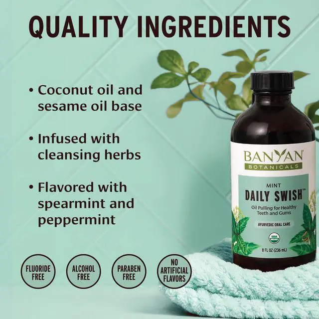 Alt view image 3 of 7 - Organic Mint Daily Swish Ayurvedic Oil Pulling Mouthwash Coconut & Sesame Oil with Triphala for Gum Health & Fresh Breath Natural Oral Hygiene 8 oz USDA Organic