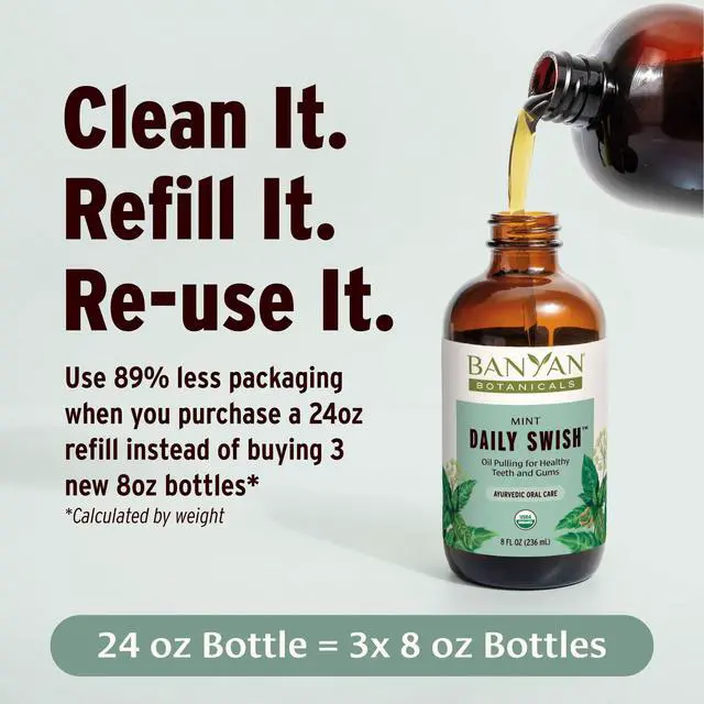 Alt view image 7 of 7 - Organic Mint Daily Swish Ayurvedic Oil Pulling Mouthwash Coconut & Sesame Oil with Triphala for Gum Health & Fresh Breath Natural Oral Hygiene 8 oz USDA Organic