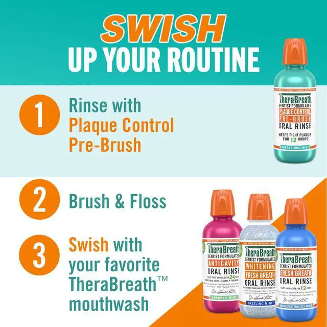 Alt view image 4 of 7 - Plaque Control Pre-Brush Oral Rinse, Refreshing Mint Flavor, Antigingivitis and Antiplaque Rinse, Dentist Formulated, Alcohol Free, 16 Fl Oz (Pack of 2)