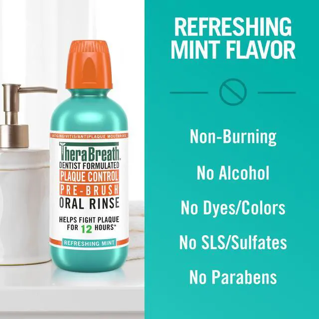 Alt view image 6 of 7 - Plaque Control Pre-Brush Oral Rinse, Refreshing Mint Flavor, Antigingivitis and Antiplaque Rinse, Dentist Formulated, Alcohol Free, 16 Fl Oz (Pack of 2)