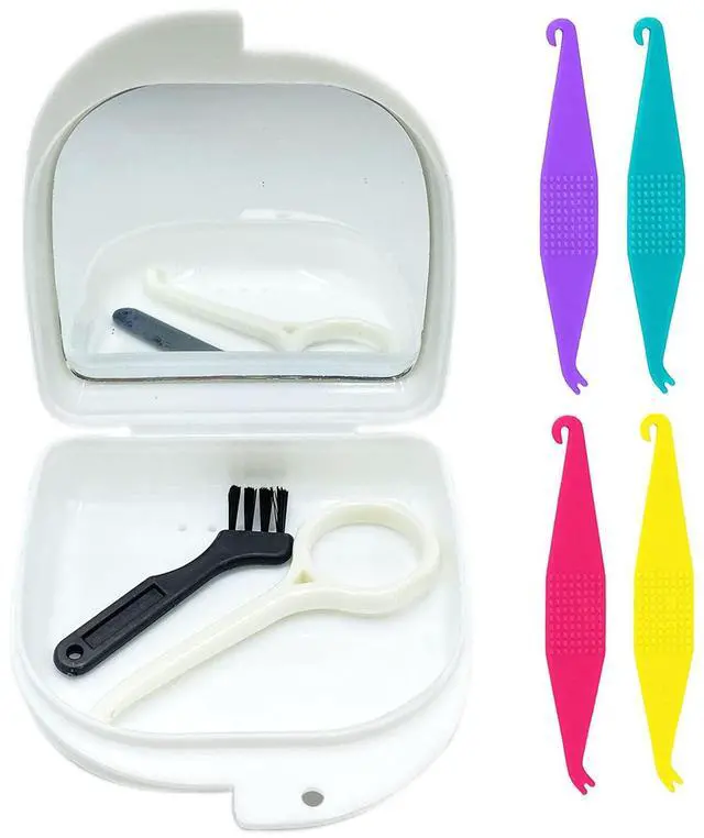 Main image of Oral Care Disassembly Kit/7pcs Including 1 Retainer Case with Mirror and Vent Holes | 1 Aligner Remover Tool | 4 Elastic Rubber Bands Placers | 1 Cleaning Brush (White)