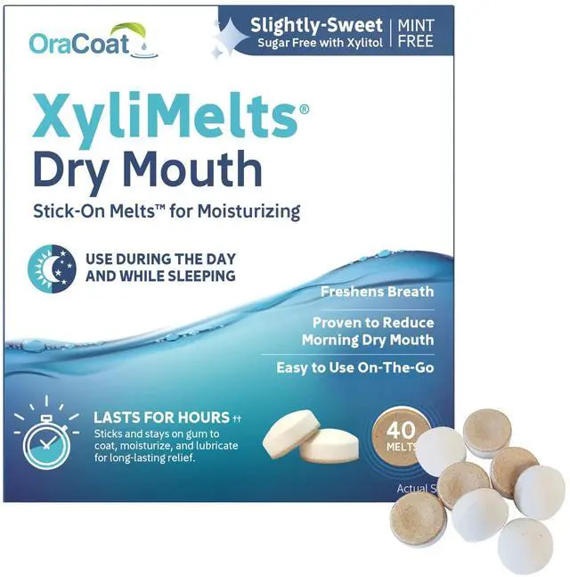 Main image of XyliMelts for Dry Mouth Night Time or Day - Moisturizing Dry Mouth Adhering Discs, Sugar Free with Xylitol, 40 Count, Slightly-Sweet Flavor, 8-Hour Relief
