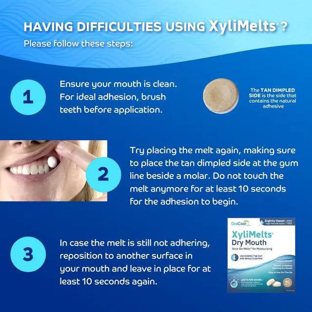 Alt view image 3 of 7 - XyliMelts for Dry Mouth Night Time or Day - Moisturizing Dry Mouth Adhering Discs, Sugar Free with Xylitol, 40 Count, Slightly-Sweet Flavor, 8-Hour Relief