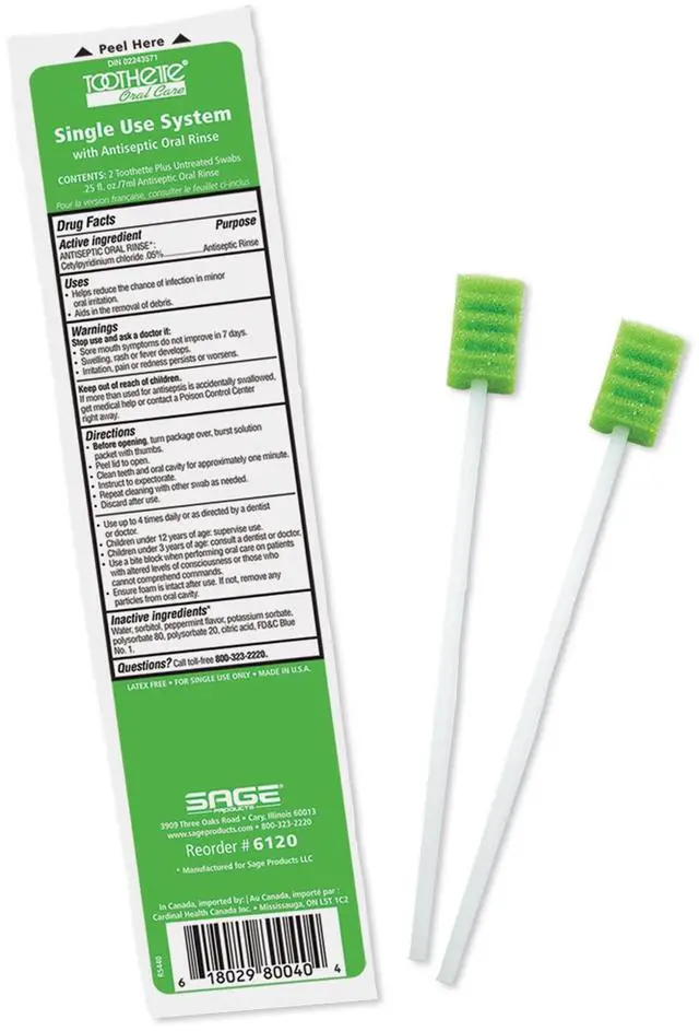 Main image of Stryker Toothette Plus Single Use Oral Swabs with Antiseptic Oral Rinse 1 package of 2 swabs with .25 fl. oz. mint mouthwash Disposable swabs with long handle