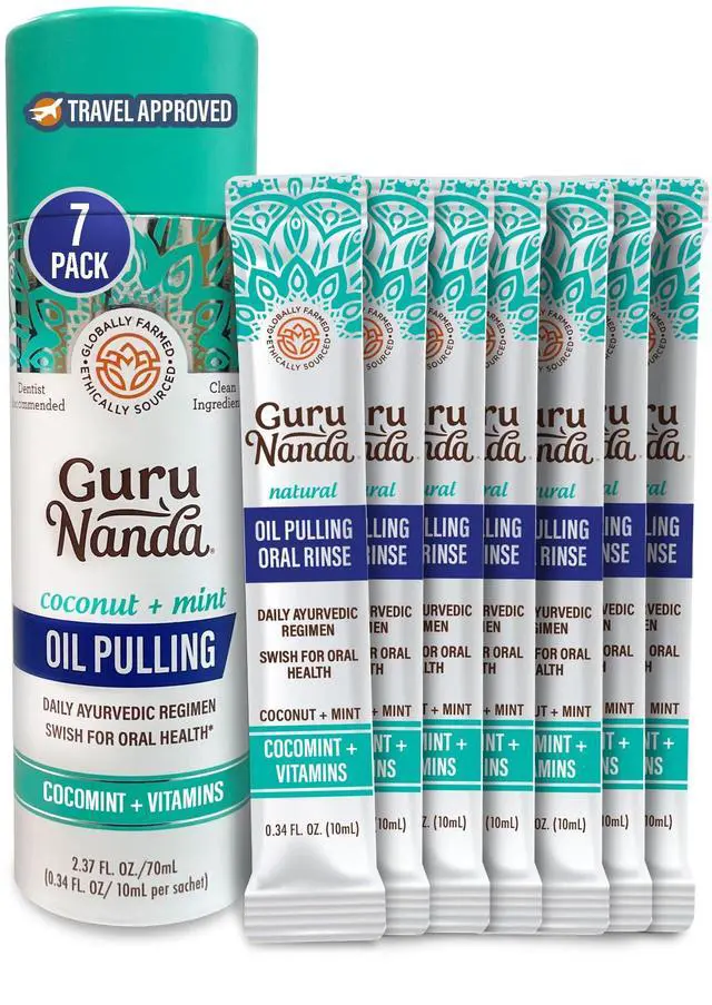 Main image of Travel Sachets Coconut Oil Pulling, Fresh Breath Mouthwash, 7 Essential Oils & Vitamins for Happy Teeth & Gums, 7 Sachets