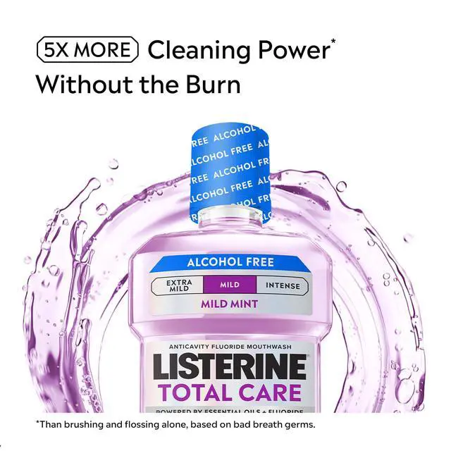 Alt view image 3 of 7 - Mouthwash Total Care Mild Mint Anticavity Treatment for Adults Kills 99.9% of Bad Breath Germs No Burn Alcohol Free Fluoride Mouthwash, 2 Pack of 33.8 fl oz/1 L