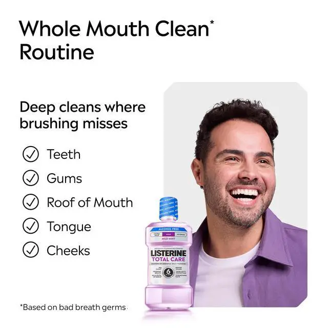 Alt view image 6 of 7 - Mouthwash Total Care Mild Mint Anticavity Treatment for Adults Kills 99.9% of Bad Breath Germs No Burn Alcohol Free Fluoride Mouthwash, 2 Pack of 33.8 fl oz/1 L