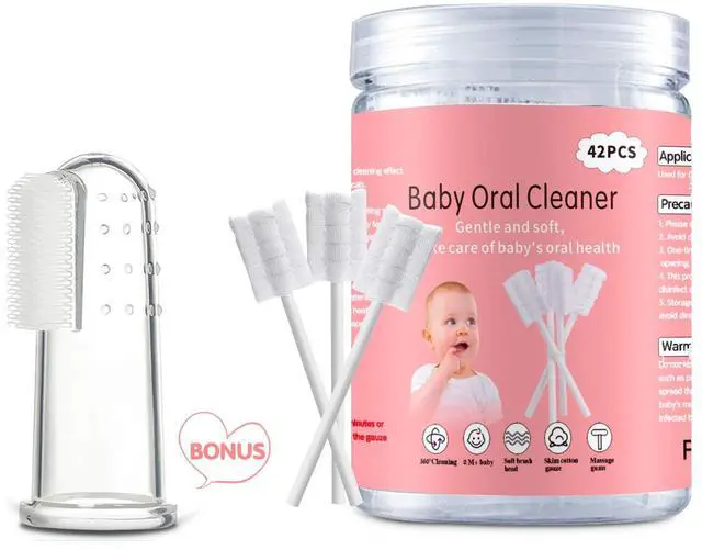Main image of Baby Tongue Cleaner, 42Pcs Disposable Infant Toothbrush, Gauze Gum Cleaner Baby Oral Cleaning Stick Dental Care for 0-36 Months + Free 1 Finger Toothbrush