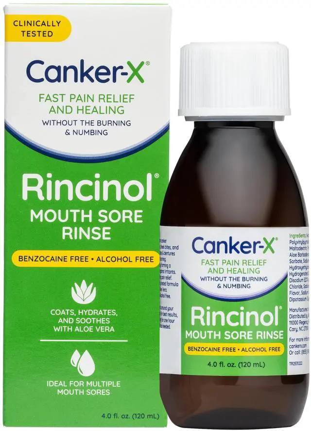 Main image of Rincinol Oral Rinse Mouthwash, Quick Pain Relief from Canker Sores, Mouth Burns & More, Benzocaine Free & Alcohol Free Mouthwash, Adults & Kids 6+ Years, 4.0 Fl. Oz.