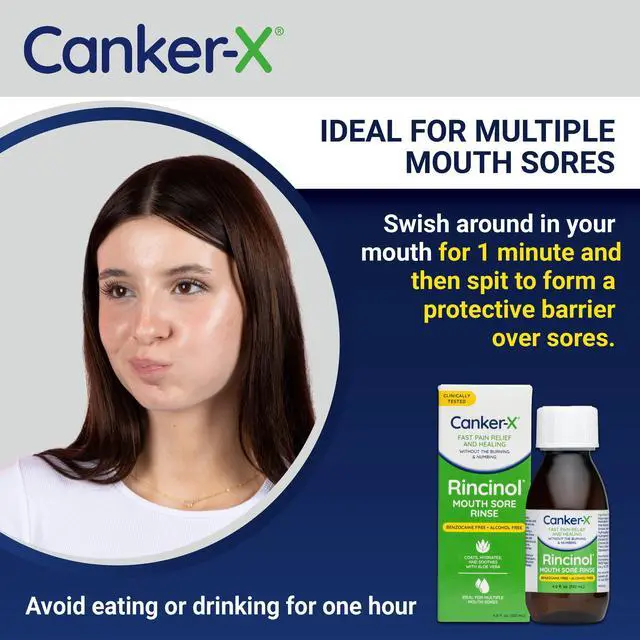 Alt view image 5 of 7 - Rincinol Oral Rinse Mouthwash, Quick Pain Relief from Canker Sores, Mouth Burns & More, Benzocaine Free & Alcohol Free Mouthwash, Adults & Kids 6+ Years, 4.0 Fl. Oz.