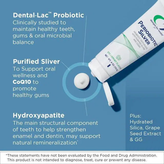 Alt view image 4 of 7 - Periobiotic Silver Hydroxyapatite Toothpaste - Fluoride Free Toothpaste with Oral Probiotics with Whitening Hydroxyapatite - Supports Gum Health & Remineralization (4oz Mint)