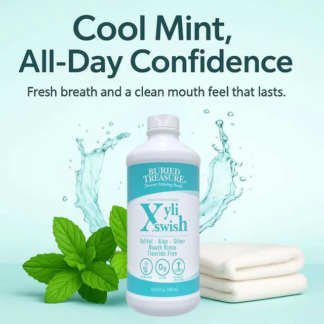 Alt view image 6 of 7 - Xyli Swish - All Natural Formulated Nano Silver, Xylitol & Aloe Mouthwash - Alcohol and Fluoride Free - Oral Rinse to Fight Bad Breath & Dry Mouth - Peppermint Flavor - 16oz.