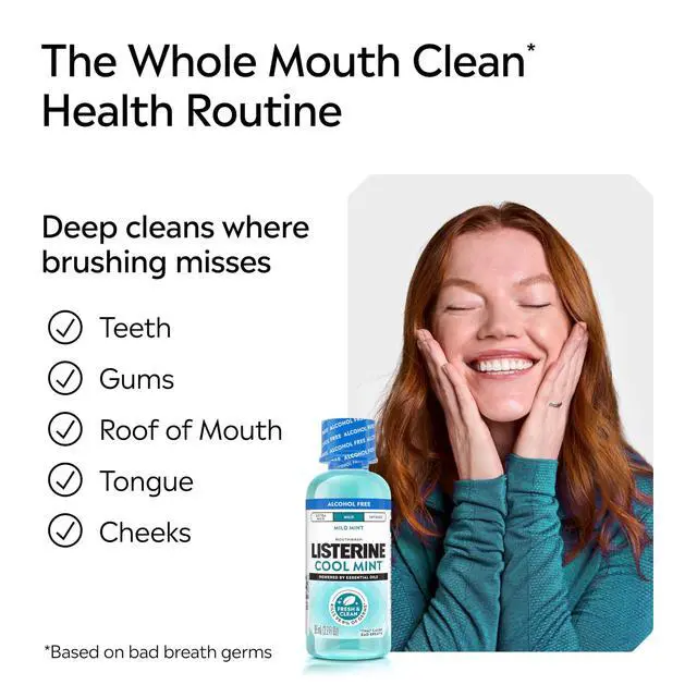 Alt view image 5 of 7 - Cool Mint Alcohol-Free Mild Mouthwash, Oral Rinse Kills 99.9% of Germs that Cause Bad Breath, Less Intense Taste, Mild Mint Flavor, 3.2 fl. oz