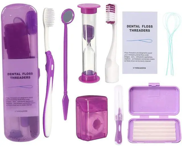 Main image of Braces Cleaning Kit for Teeth, Portable Orthodontic Toothbrush Kit Oral Care Dental Travel Kit - Interdental Brush Dental Wax Dental Floss Toothbrush Box (Purple B)