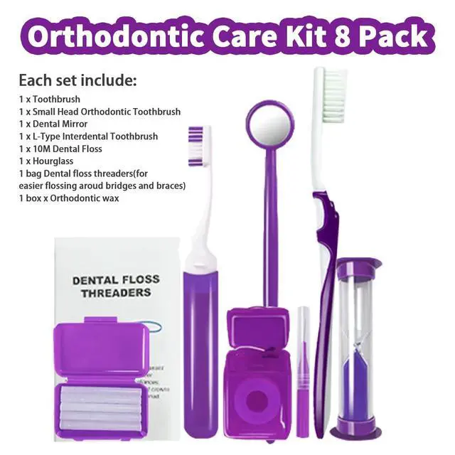 Alt view image 2 of 6 - Braces Cleaning Kit for Teeth, Portable Orthodontic Toothbrush Kit Oral Care Dental Travel Kit - Interdental Brush Dental Wax Dental Floss Toothbrush Box (Purple B)
