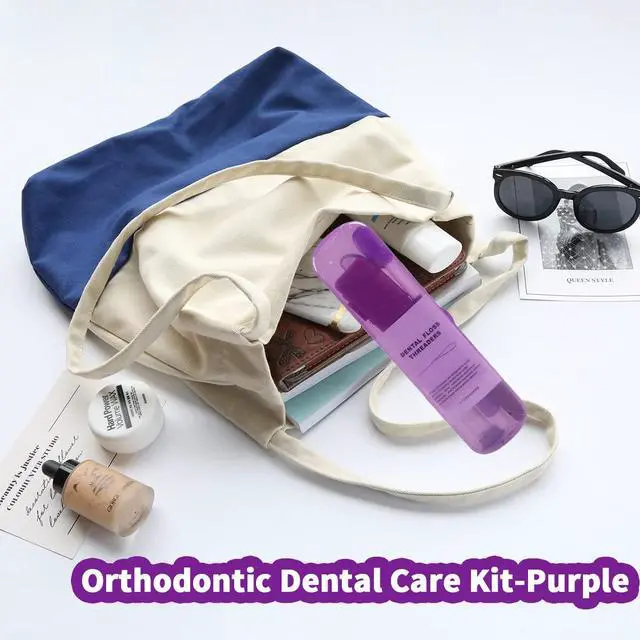 Alt view image 6 of 6 - Braces Cleaning Kit for Teeth, Portable Orthodontic Toothbrush Kit Oral Care Dental Travel Kit - Interdental Brush Dental Wax Dental Floss Toothbrush Box (Purple B)