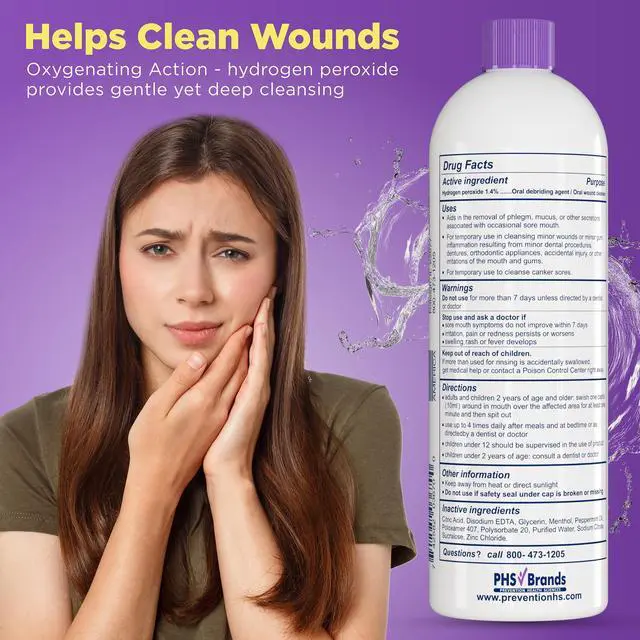 Alt view image 5 of 6 - Prevention Mouth Sore Rinse, Hydrogen Peroxide, Alcohol Free, 16 oz 1-Pack