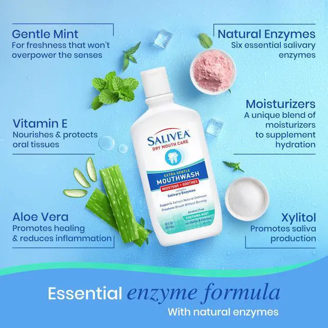 Alt view image 4 of 6 - Dry Mouth Mouthwash - Soothing Mint Mouthwash with Natural Salivary Enzymes - Gentle Mouthwash to Aid Dry Mouth Care - Breath Freshener & Dry Mouth Care - Mint Flavor (16 oz Bottle)