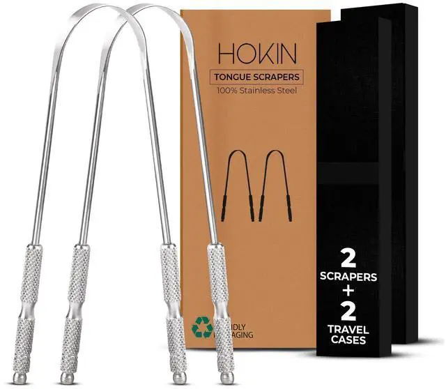 Main image of Tongue Scraper for Adults by (2Pcs Oral Care Pack) Stainless Steel Tongue Cleaners Reduce Bad Breath 100% Metal Tough Scrapers Men and Women Hygiene Product