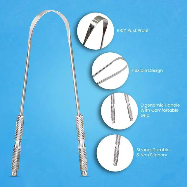 Alt view image 6 of 7 - Tongue Scraper for Adults by (2Pcs Oral Care Pack) Stainless Steel Tongue Cleaners Reduce Bad Breath 100% Metal Tough Scrapers Men and Women Hygiene Product