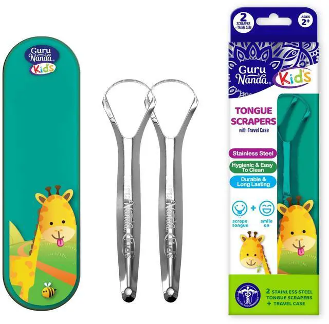 Main image of Kids Tongue Scraper (2-Pack) with Travel Case, Stainless Steel, Aids in Fresh Breath - Travel-Friendly Tongue Cleaner (Green/Pink/Orange)