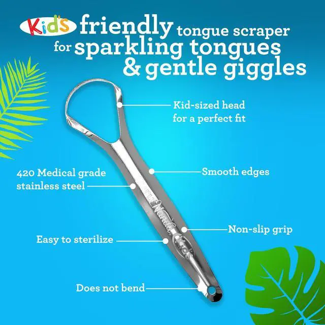 Alt view image 2 of 7 - Kids Tongue Scraper (2-Pack) with Travel Case, Stainless Steel, Aids in Fresh Breath - Travel-Friendly Tongue Cleaner (Green/Pink/Orange)