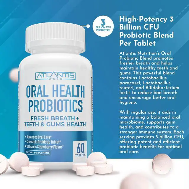 Alt view image 2 of 7 - Oral Probiotics Chewable Tablet - Dental Probiotic for Gum Care & Teeth Care - Bad Breath Treatment for Adults - 3 Billion CFU Probiotic Blend/Tablet - Strawberry Flavor- 60 Tablets