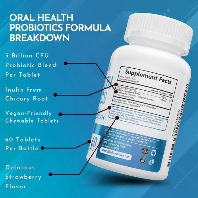 Alt view image 6 of 7 - Oral Probiotics Chewable Tablet - Dental Probiotic for Gum Care & Teeth Care - Bad Breath Treatment for Adults - 3 Billion CFU Probiotic Blend/Tablet - Strawberry Flavor- 60 Tablets