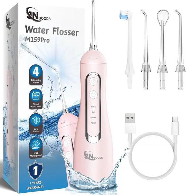 Main image of Cordless Water Dental Flosser Oral irrigator,JNGOODS 300ml Rechargeable Water flosser for Teeth IPX7 Waterproof 4 Modes Portable Oral Irrigator with 4 Jet Tips, Travel Home use (Pink)