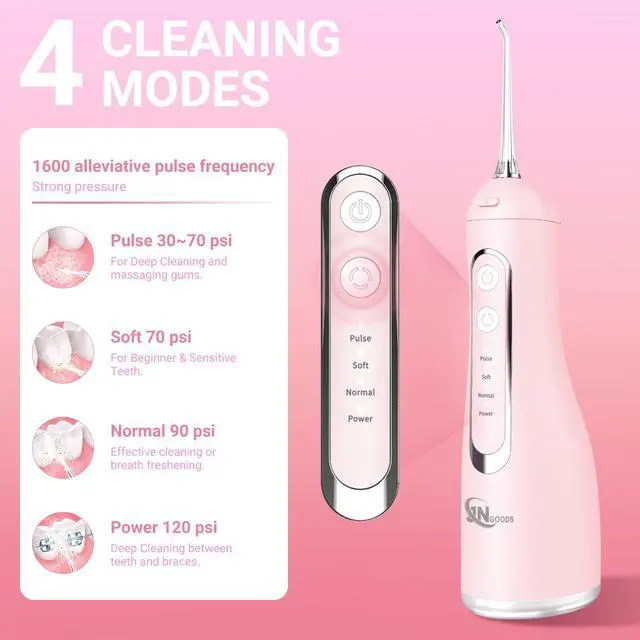 Alt view image 2 of 7 - Cordless Water Dental Flosser Oral irrigator,JNGOODS 300ml Rechargeable Water flosser for Teeth IPX7 Waterproof 4 Modes Portable Oral Irrigator with 4 Jet Tips, Travel Home use (Pink)