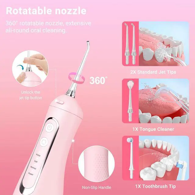 Alt view image 4 of 7 - Cordless Water Dental Flosser Oral irrigator,JNGOODS 300ml Rechargeable Water flosser for Teeth IPX7 Waterproof 4 Modes Portable Oral Irrigator with 4 Jet Tips, Travel Home use (Pink)