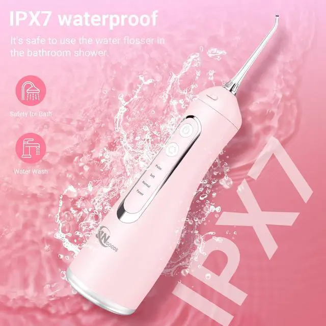 Alt view image 5 of 7 - Cordless Water Dental Flosser Oral irrigator,JNGOODS 300ml Rechargeable Water flosser for Teeth IPX7 Waterproof 4 Modes Portable Oral Irrigator with 4 Jet Tips, Travel Home use (Pink)