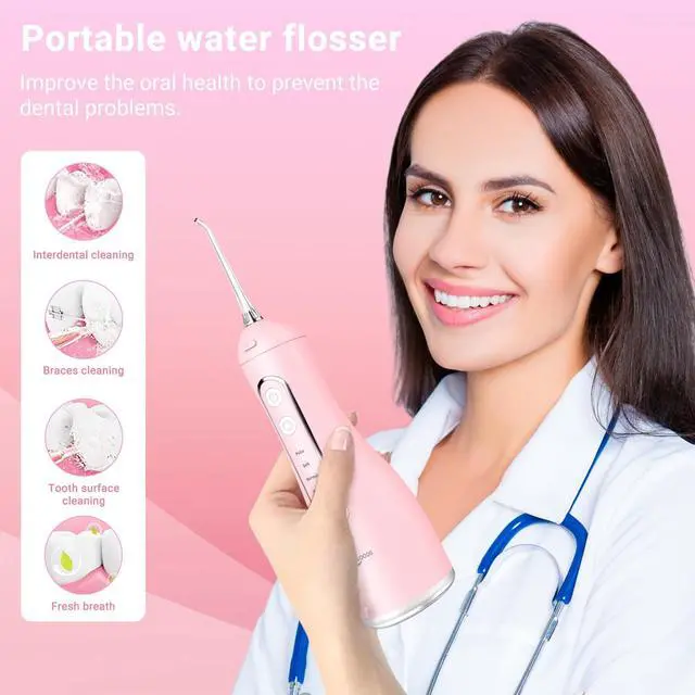 Alt view image 6 of 7 - Cordless Water Dental Flosser Oral irrigator,JNGOODS 300ml Rechargeable Water flosser for Teeth IPX7 Waterproof 4 Modes Portable Oral Irrigator with 4 Jet Tips, Travel Home use (Pink)